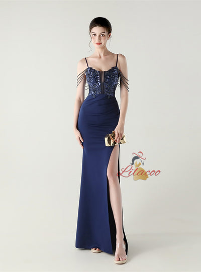 Mermaid Spaghetti Straps Sequins Beading Prom Dress