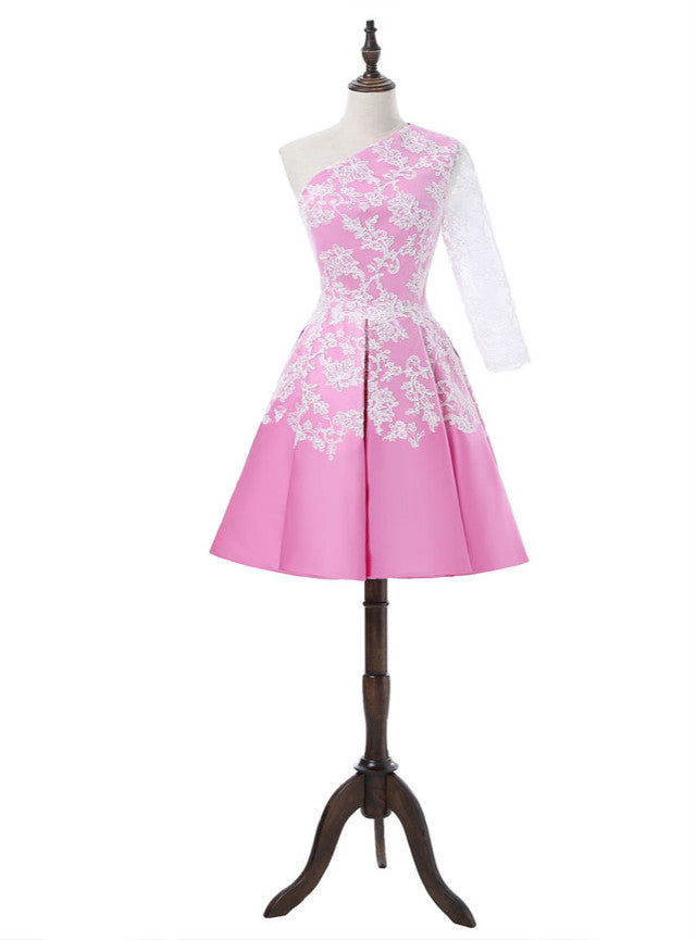 Pink Satin Lace One Shoulder Homecoming Dress