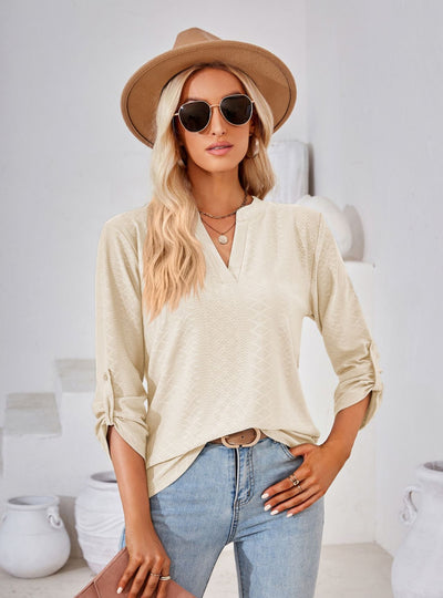 V-neck Cropped Sleeve Button Loose T-shirt