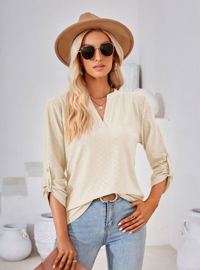 V-neck Cropped Sleeve Button Loose T-shirt
