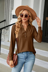 Solid Color V-neck Button Long Sleeve T-shirt