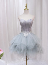Gray Tulle Feather Appliques Homecoming Dress