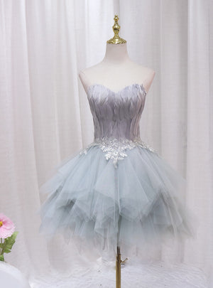 Gray Tulle Feather Appliques Homecoming Dress