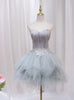 Gray Tulle Feather Appliques Homecoming Dress