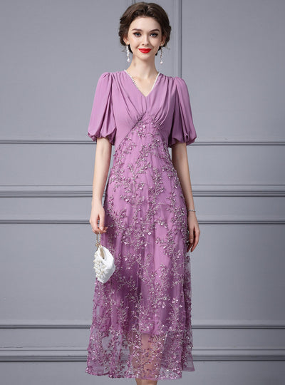 Purple Chiffon V-neck Sequins Mother Of the Brides Dress