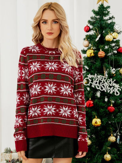 Round Neck Long Sleeve Snowflake Christmas Sweater