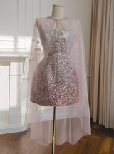Silver Pink Sequins Straps Short Prom Dress