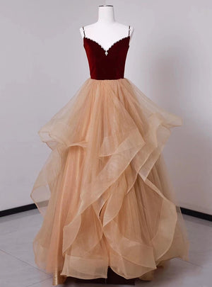 Champagne Tulle Burgundy Velvet Beading Prom Dress