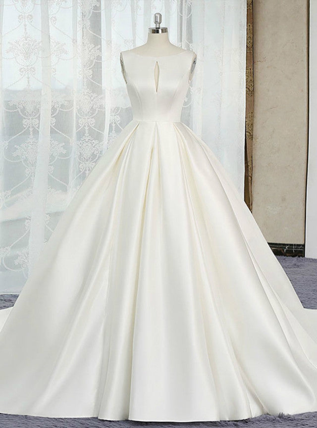 Ivory White Satin Backless Wedding Dress