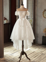White Hi Lo Tulle Off the Shoulder Bow Wedding Dress
