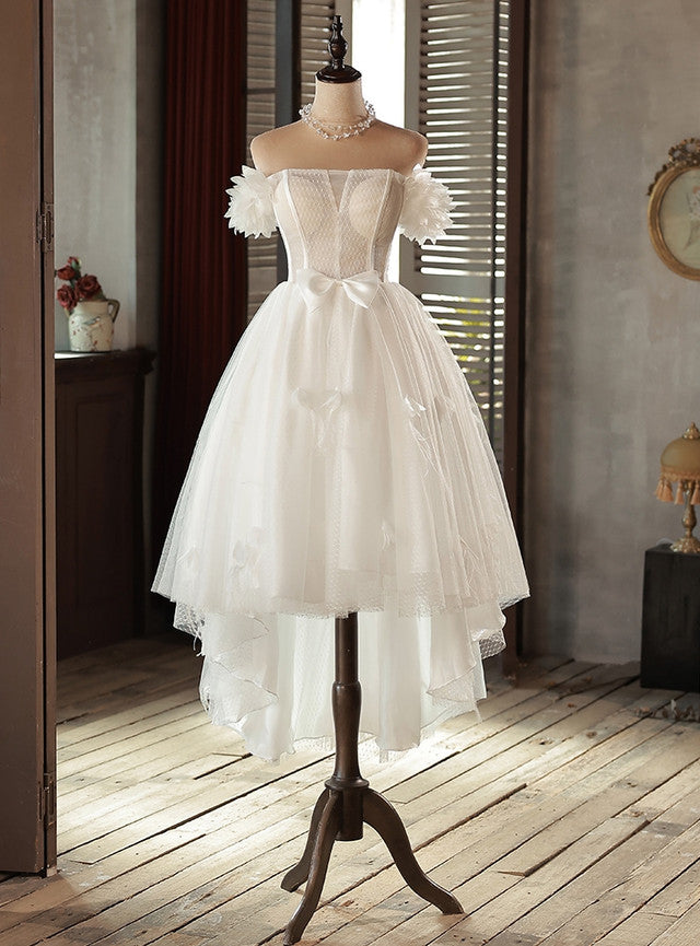 White Hi Lo Tulle Off the Shoulder Bow Wedding Dress