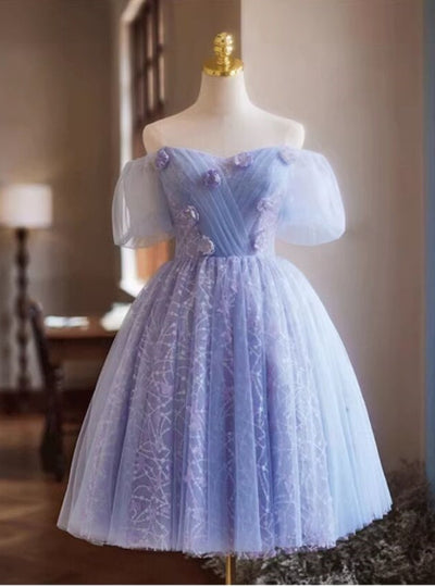 Purple Tulle Puff Sleeve Pleats Flower Homecoming Dress