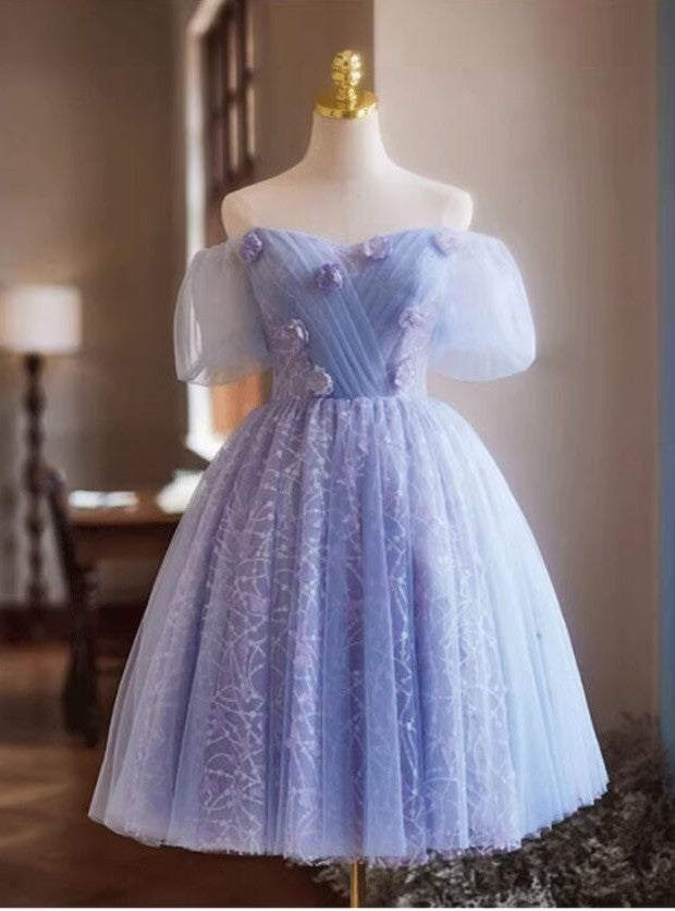 Purple Tulle Puff Sleeve Pleats Flower Homecoming Dress