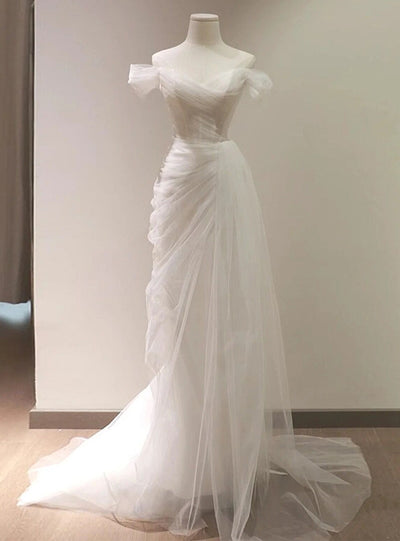 Simple White Tulle Off the Shoulder Pleats Wedding Dress