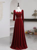 Burgundy Velvet Long Sleeve Beading Prom Dress