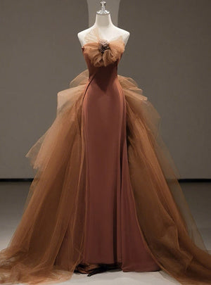 Sexy Caramel Mermaid Tulle Strapless Prom Dress