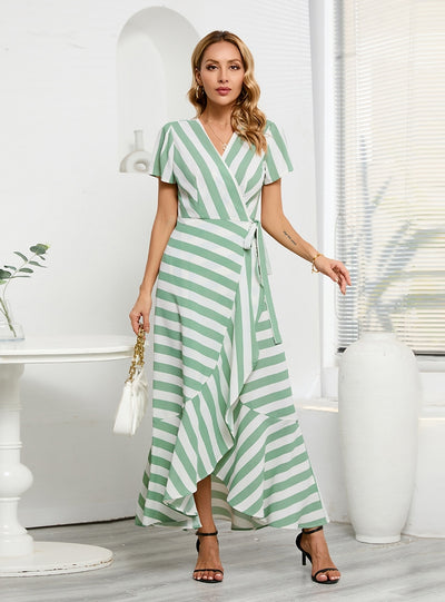 Slim-fit Striped Irregular Swing Dress