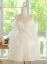 White Tulle Straps Pearls Homecoming Dress
