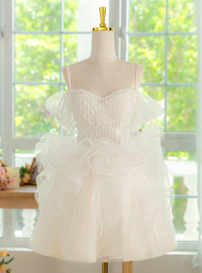 White Tulle Straps Pearls Homecoming Dress