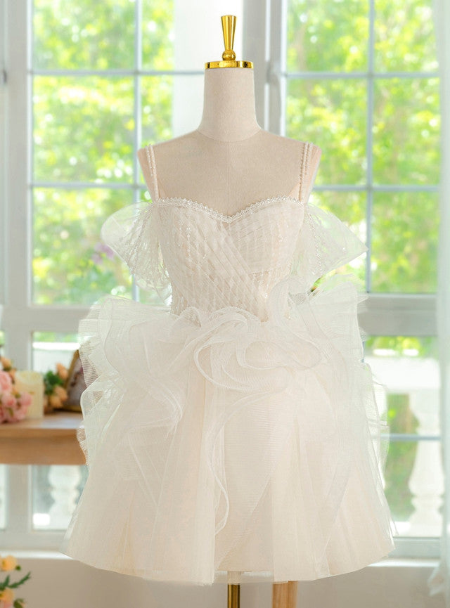 White Tulle Straps Pearls Homecoming Dress