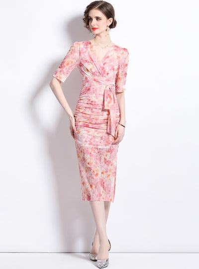 Pink Smudge Gradient Gauze V-neck Dress