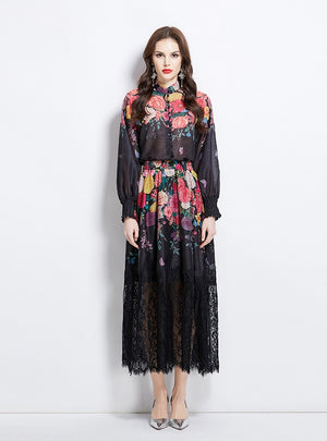 Printed Lantern Sleeve Printed Shirt+Lace Skirt Two-piece Suit