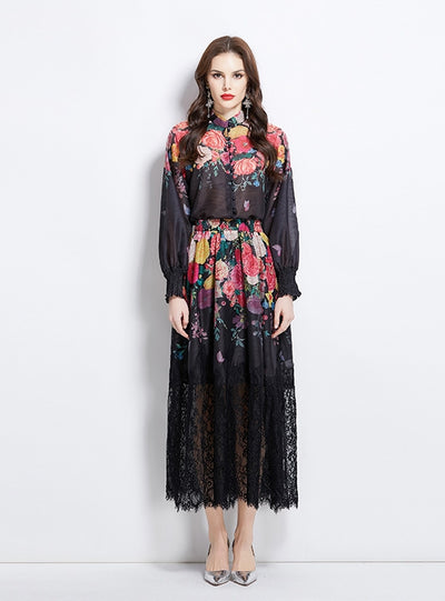 Printed Lantern Sleeve Printed Shirt+Lace Skirt Two-piece Suit