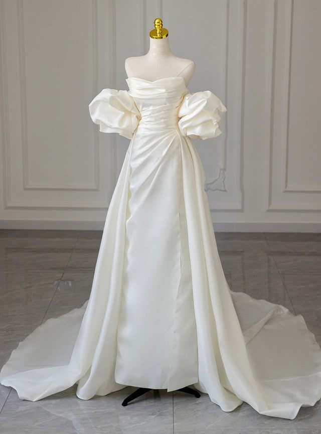 Ivory White Satin Strapless Pleats Wedding Dress