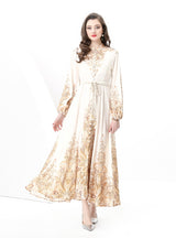 Retro Stand-up Printed Long Dress