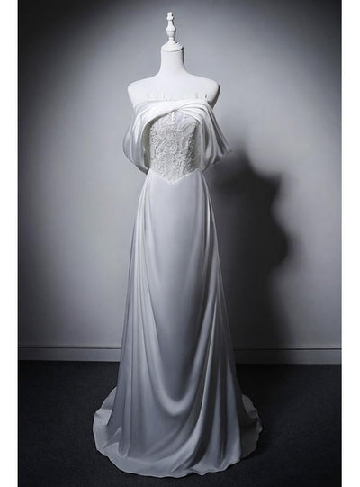 Simple White Satin Lace Strapless Wedding Dress