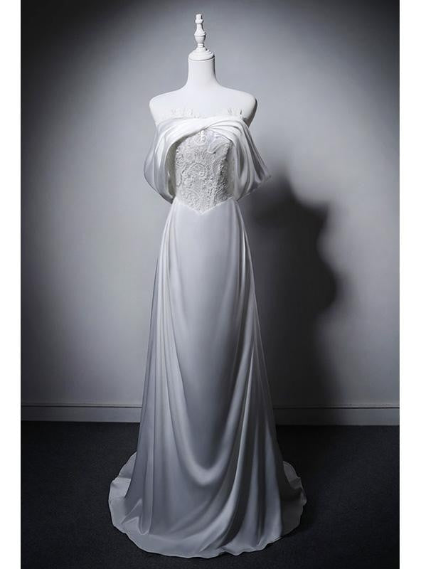 Simple White Satin Lace Strapless Wedding Dress