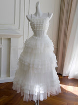White Tulle Lace Tiers Formal Prom Dress