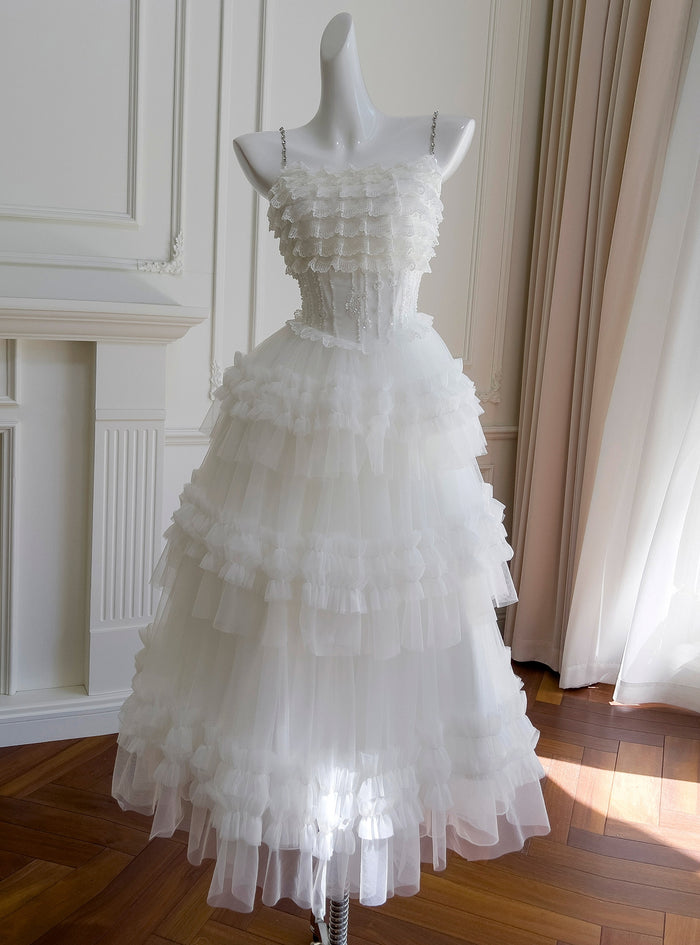 White Tulle Lace Tiers Formal Prom Dress