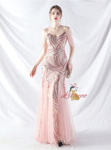 Spaghetti Straps Mermaid Sequins Tulle Beading Prom Dress