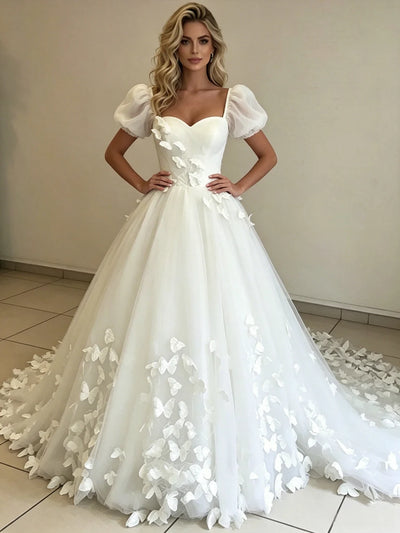 White Tulle Puff Sleeve Butterfly Wedding Dress