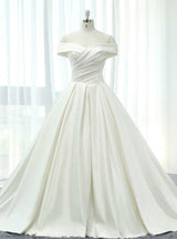 White Satin Off The Shoulder Pleats Wedding Dress