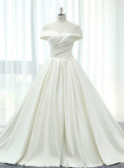 White Satin Off The Shoulder Pleats Wedding Dress