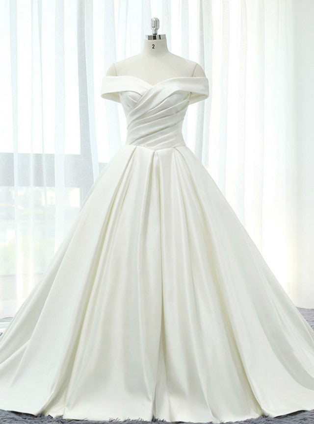 White Satin Off The Shoulder Pleats Wedding Dress