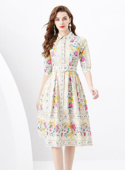 Retro Palace Short Sleeve Lapel Printed Dress