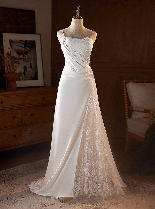 White Satin Straps Lace Pleats Wedding Dress