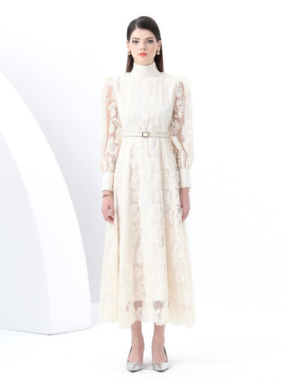 Embroidered Lantern Sleeves Lace Dress