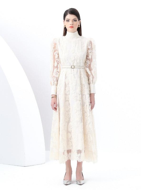 Embroidered Lantern Sleeves Lace Dress