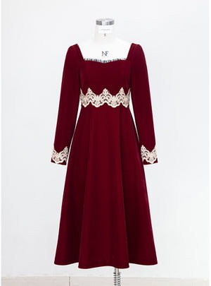 Burgundy Velvet Long Sleeve Lace Prom Dress