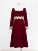 Burgundy Velvet Long Sleeve Lace Prom Dress
