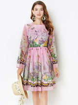 Round Neck Long Sleeve Purple Print Dress