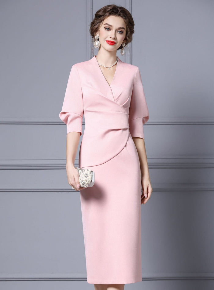 Pink V-neck Pleats Mother Of The Bride Dress