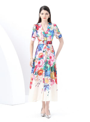Retro Silm Waist Slim Printed Long Dress