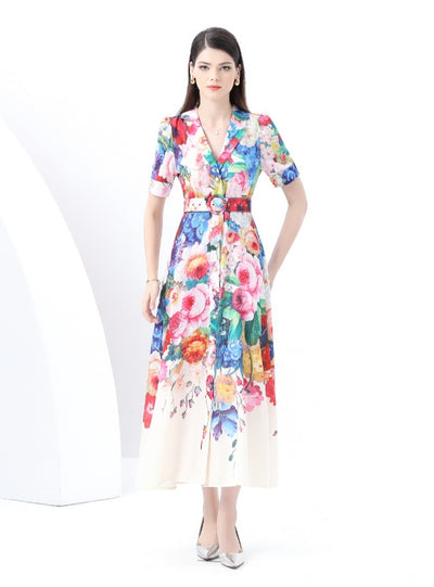 Retro Silm Waist Slim Printed Long Dress