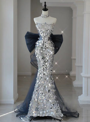 Silver Mermaid Sequins Strapless Prom Dress