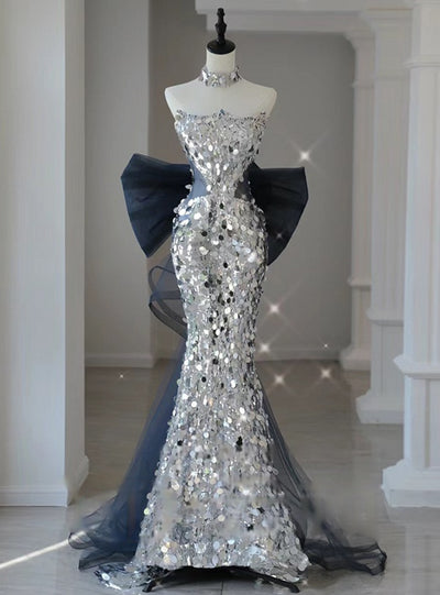 Silver Mermaid Sequins Strapless Prom Dress